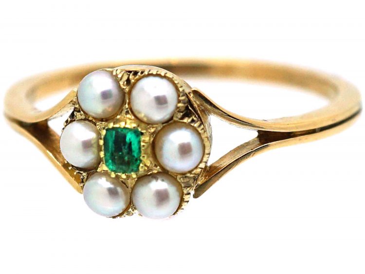 Victorian 18ct Gold Flower Cluster Ring set with an Emerald & Natural Split Pearls