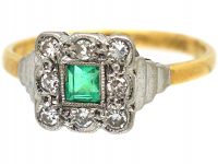 Art Deco 18ct & Platinum, Emerald & Diamond Square Shaped Ring