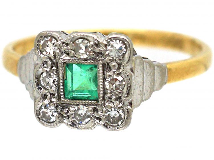 Art Deco 18ct & Platinum, Emerald & Diamond Square Shaped Ring