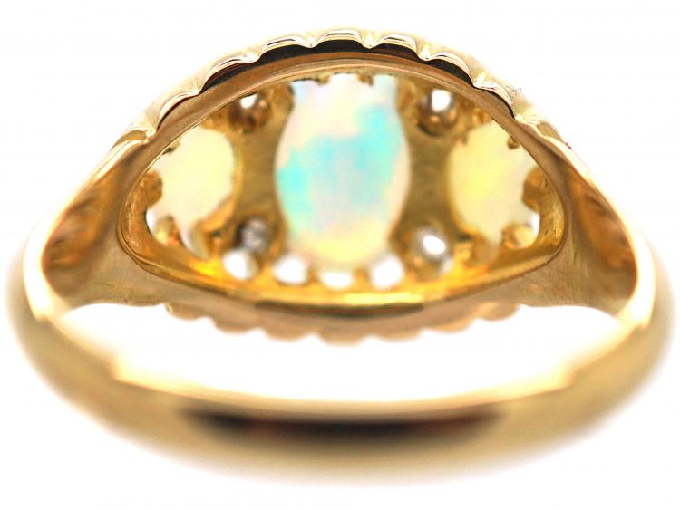 Edwardian 18ct Gold, Three Stone Opal & Diamond Ring