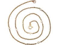 Edwardian 15ct Gold & Natural Pearl Trace Link Chain with 9ct Gold Clasp