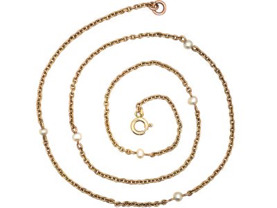 Edwardian 15ct Gold & Natural Pearl Trace Link Chain with 9ct Gold Clasp