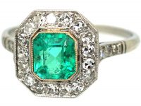 Art Deco Platinum, Emerald & Diamond Octagonal Cluster Ring