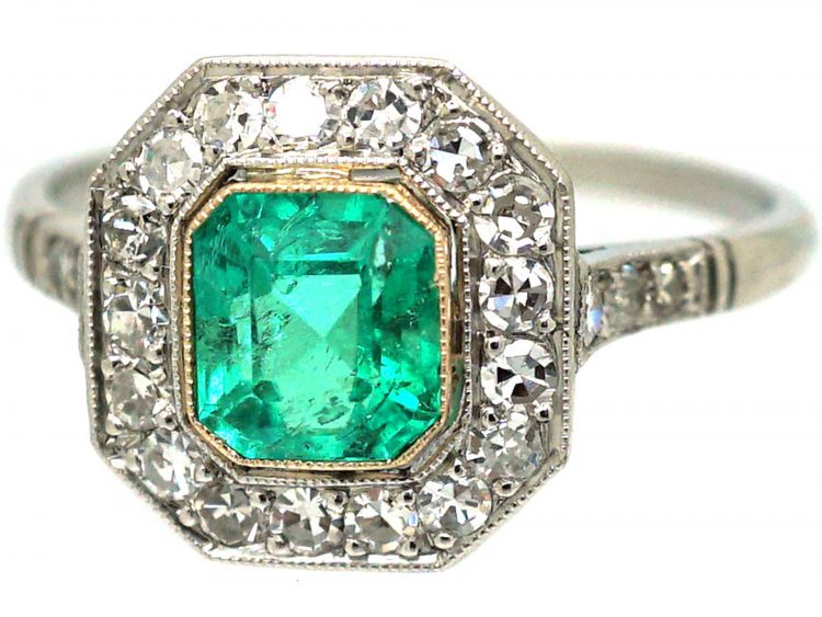 Art Deco Platinum, Emerald & Diamond Octagonal Cluster Ring