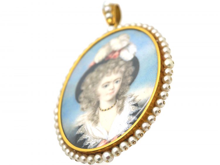 Large Regency Miniature Possibly of Georgiana Duchess of Devonshire in an 18ct Gold & Natural Pearl Frame