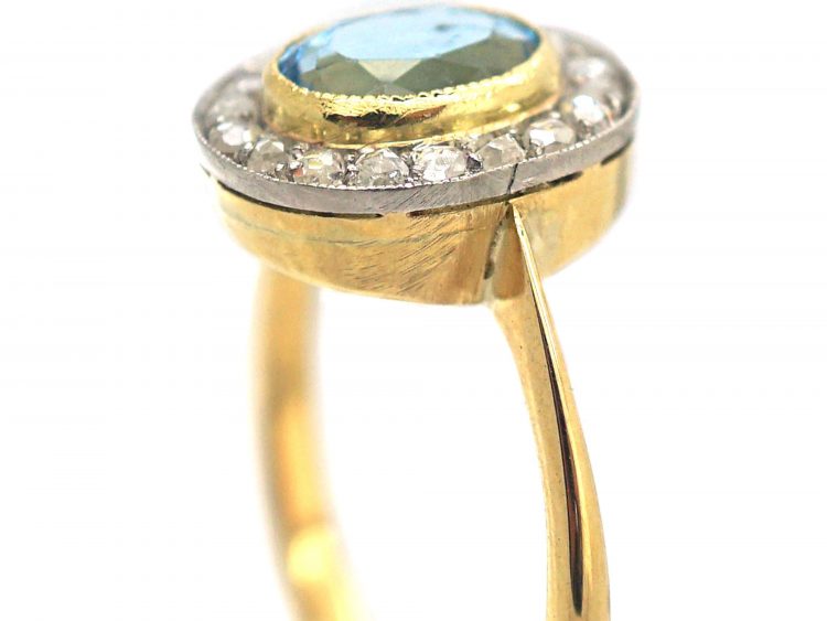Edwardian 18ct Gold & Platinum, Aquamarine & Rose Diamond Oval Cluster Ring with Millgrain Detail