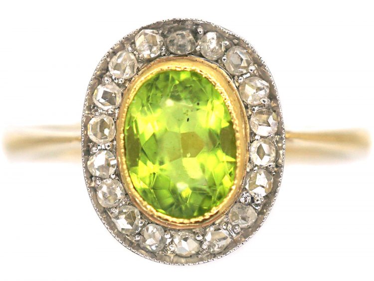 Edwardian 18ct Gold, Rose Diamond & Peridot Oval Cluster Ring