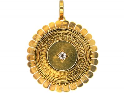 Victorian 15ct Gold Etruscan Style Pendant set with a Diamond with Locket on the Reverse