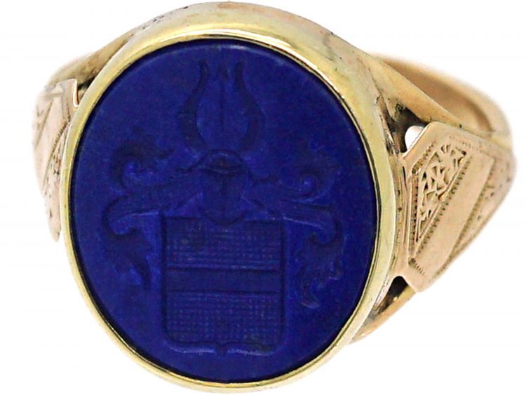 Victorian 18ct Gold, Lapis Lazuli Signet Ring with Intaglio of a Crest