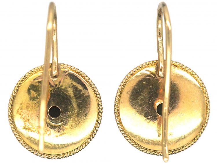 Victorian 15ct Gold Round Earrings with Turquoise Blue Enamel & Natural Split Pearls