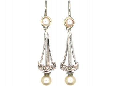 Edwardian 18ct White Gold Natural Split Pearl & Rose Diamond Drop Earrings