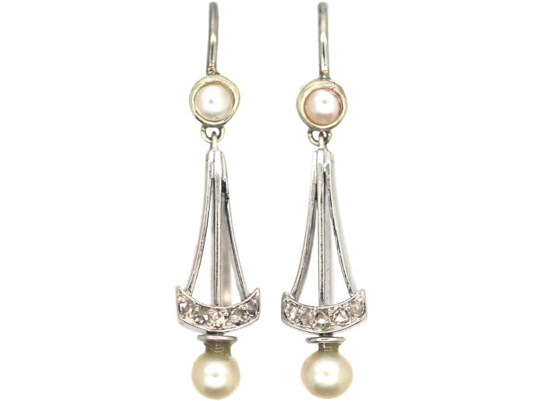 Edwardian 18ct White Gold Natural Split Pearl & Rose Diamond Drop Earrings