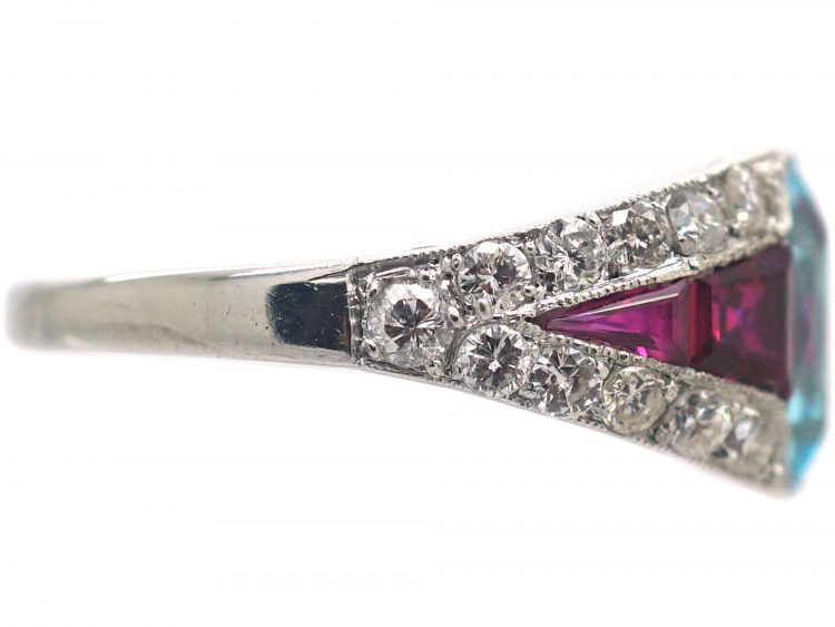 French Art Deco Platinum, Diamond, Aquamarine & Ruby Ring