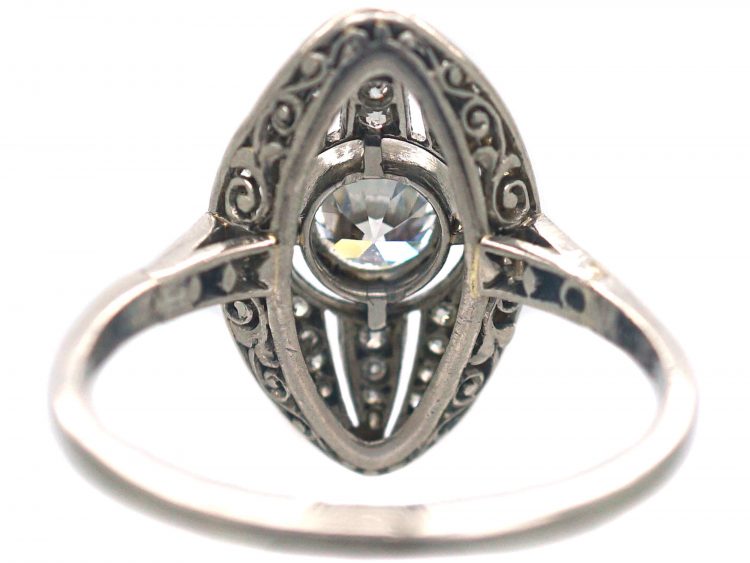 Art Deco Navette Shaped Ring with Large Diamond in the Centre with Small Diamonds Around It