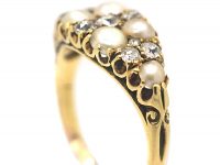 Victorian 18ct Gold Boat Shaped Ring set with Diamonds & Natural Split Pearls