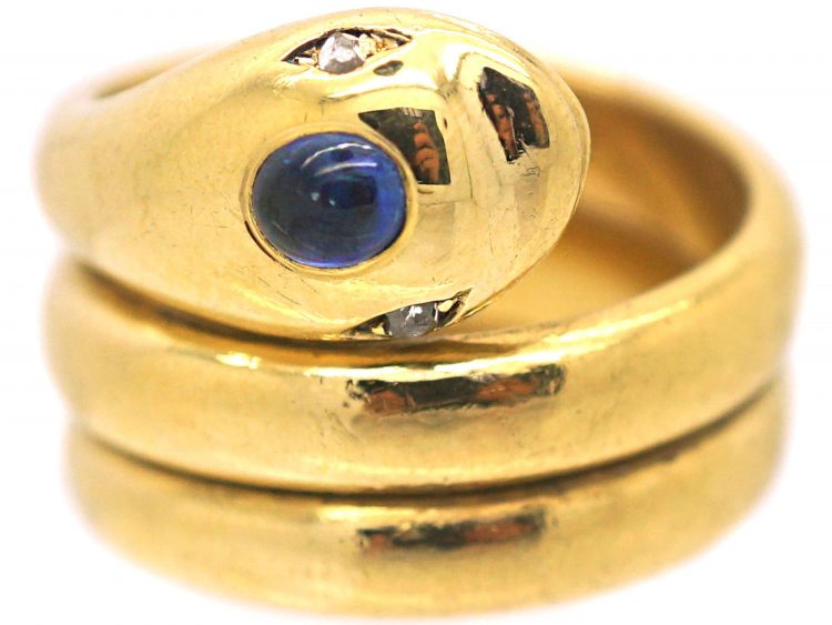 Victorian 18ct Gold Ring set with a Cabochon Sapphire & Rose Diamond Eyes