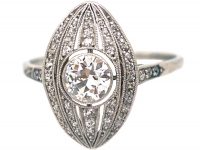 Art Deco Navette Shaped Ring with Large Diamond in the Centre with Small Diamonds Around It