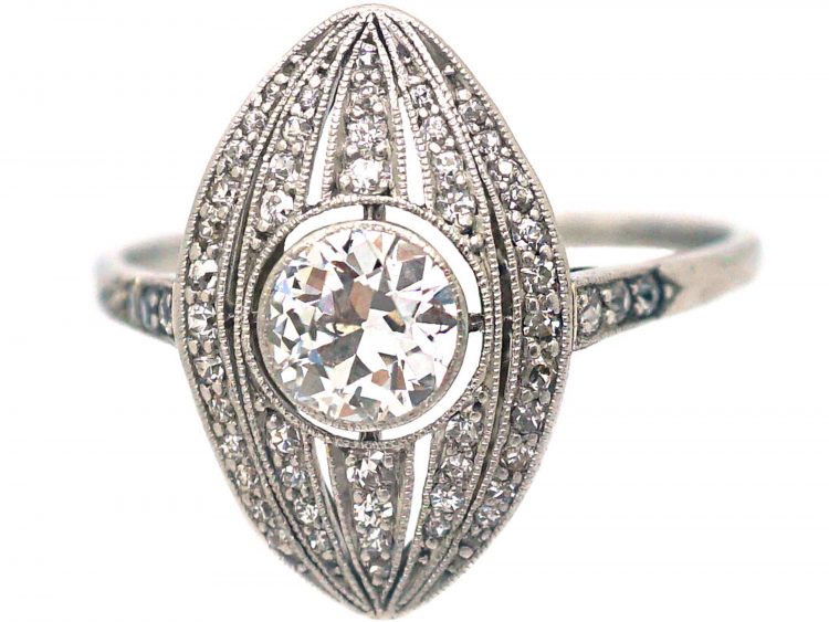 Art Deco Navette Shaped Ring with Large Diamond in the Centre with Small Diamonds Around It