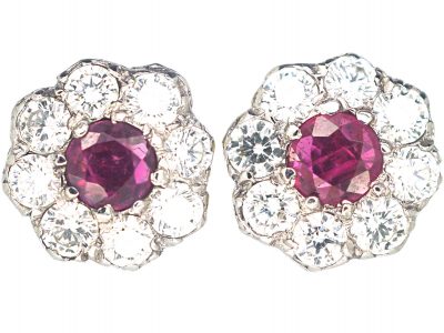18ct White & Yellow Gold Ruby & Diamond Cluster Earrings