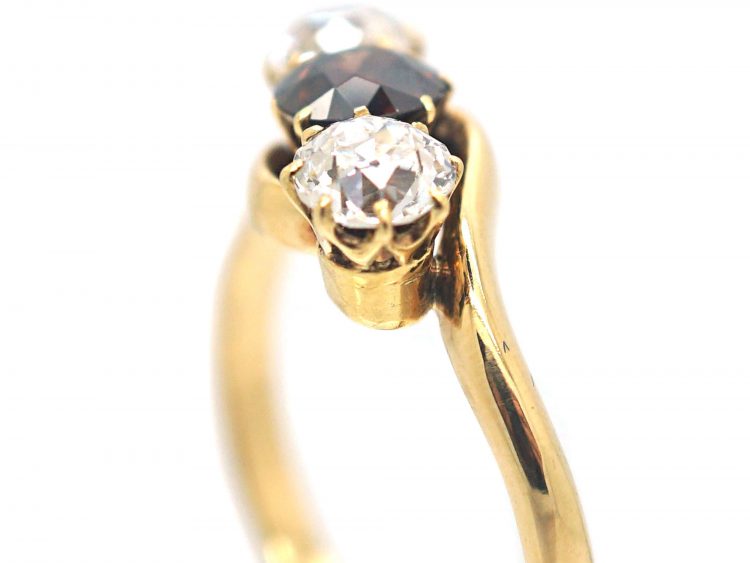 Art Deco Three Stone Cognac & White Diamond Crossover Ring