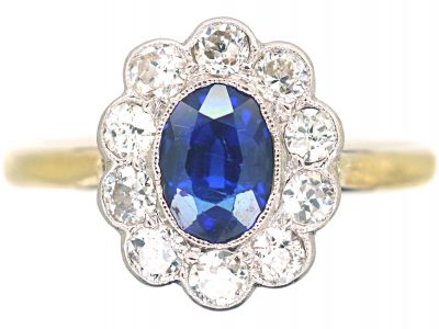 Edwardian 18ct Gold & Platinum, Sapphire & Diamond Oval Cluster Ring