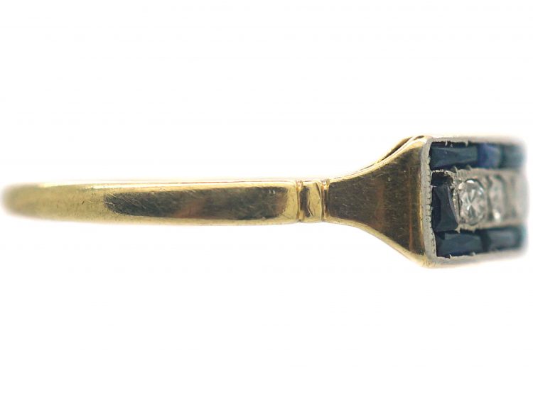 Art Deco 18ct Gold & Platinum, Diamond & Sapphire Rectangular Ring