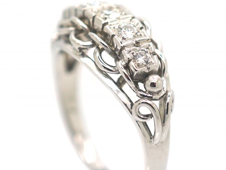 French Art Deco 18ct White Gold Ring set with Five Diamonds