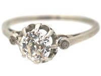 French Art Deco, Platinum & Diamond Solitaire Ring with Diamond Set Shoulders