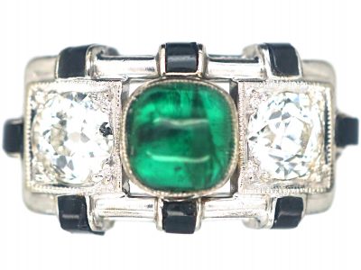 Art Deco 14ct White Gold, Cabochon Emerald , Onyx & Diamond Geometric Ring