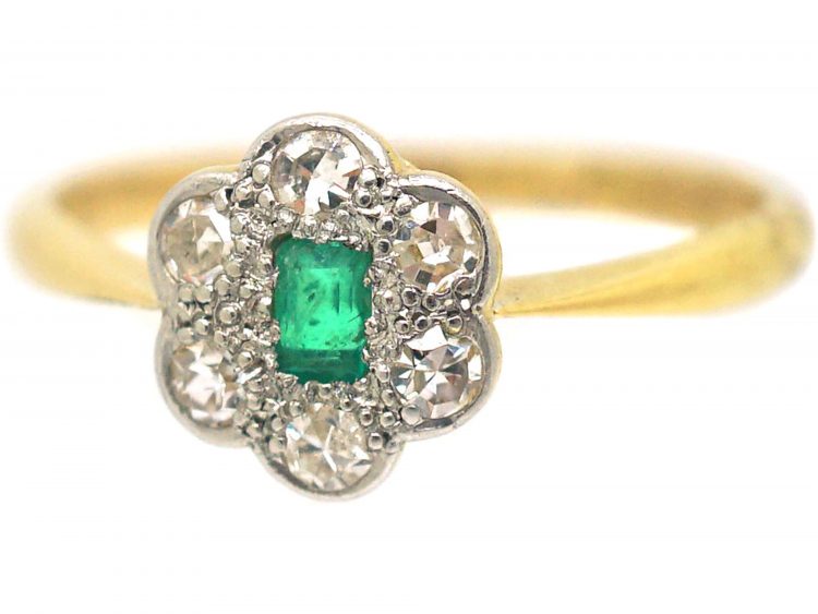 Art Deco 18ct Gold & Platinum, Emerald & Diamond Cluster Ring