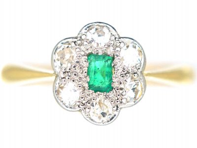 Art Deco 18ct Gold & Platinum, Emerald & Diamond Cluster Ring