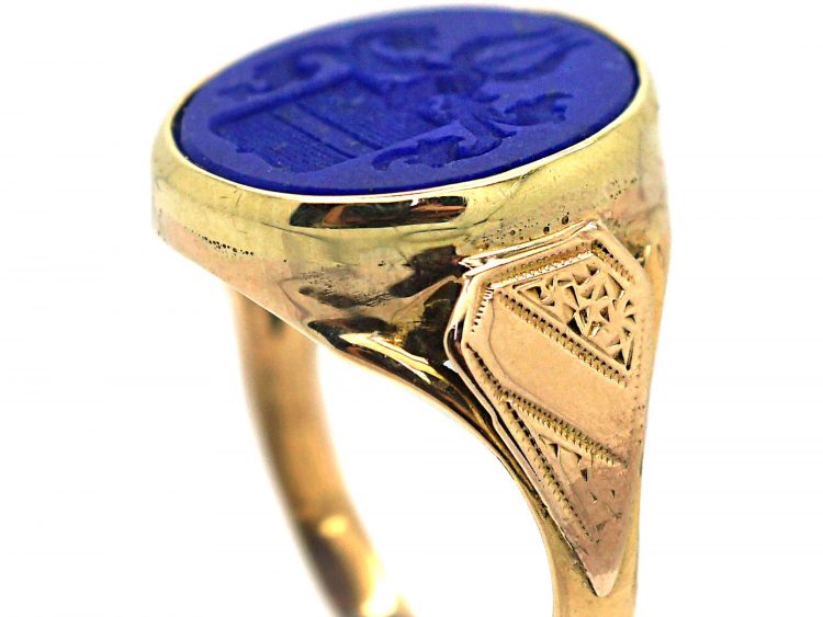 Victorian 18ct Gold, Lapis Lazuli Signet Ring with Intaglio of a Crest