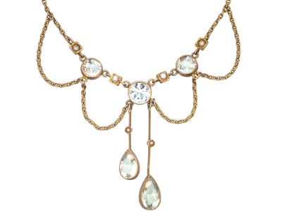 Edwardian 15ct Gold Necklace set with Aquamarines & Split Pearls