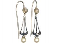 Edwardian 18ct White Gold Natural Split Pearl & Rose Diamond Drop Earrings