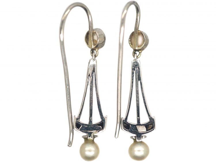 Edwardian 18ct White Gold Natural Split Pearl & Rose Diamond Drop Earrings