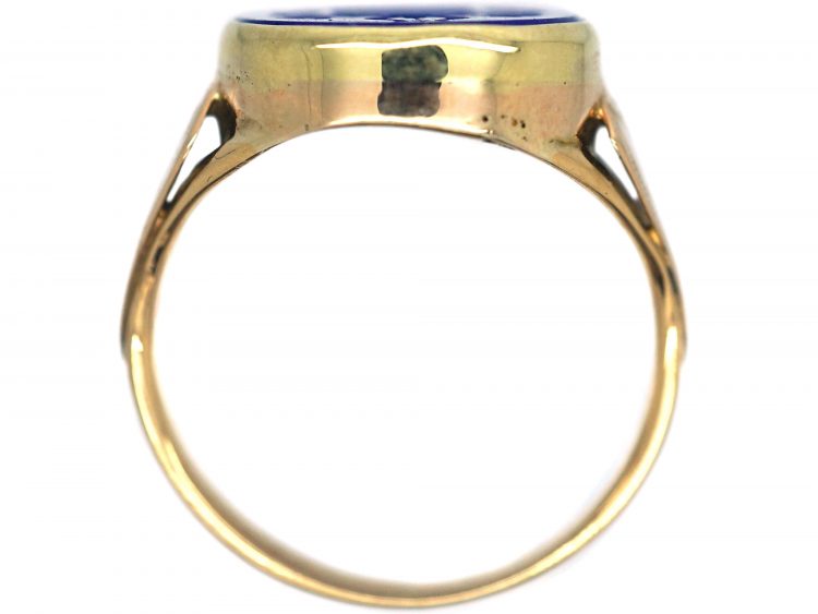 Victorian 18ct Gold, Lapis Lazuli Signet Ring with Intaglio of a Crest