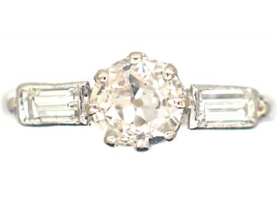 Art Deco 18ct Gold & Platinum, Diamond Solitaire Ring with Baguette Diamond Shoulders