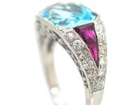 French Art Deco Platinum, Diamond, Aquamarine & Ruby Ring