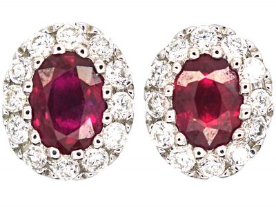 Queen’s Coronation 18ct White Gold Small Ruby & Diamond Oval Cluster Earrings