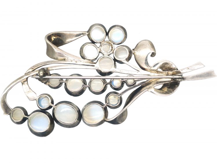 Arts and Crafts Large Silver Flower Spray Brooch set with Moonstones
