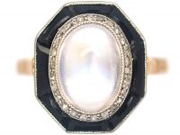 Art Deco 14ct Gold & Platinum, Moonstone, Rose Diamond & Onyx Octagonal Shaped Ring