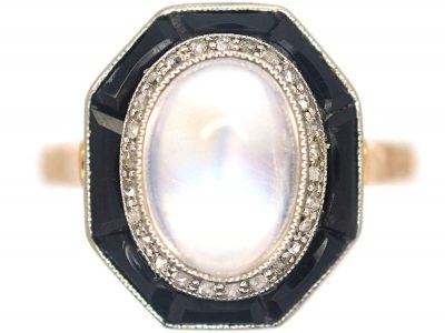 Art Deco 14ct Gold & Platinum, Moonstone, Rose Diamond & Onyx Octagonal Shaped Ring