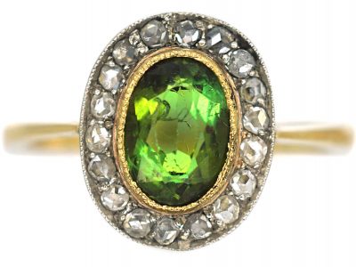Edwardian 18ct Gold, Green Tourmaline & Rose Diamond Oval Cluster Ring