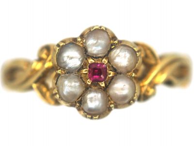 Regency 15ct Gold Natural Split Pearl & Ruby Cluster Ring with Glazed Locket on the Reverse