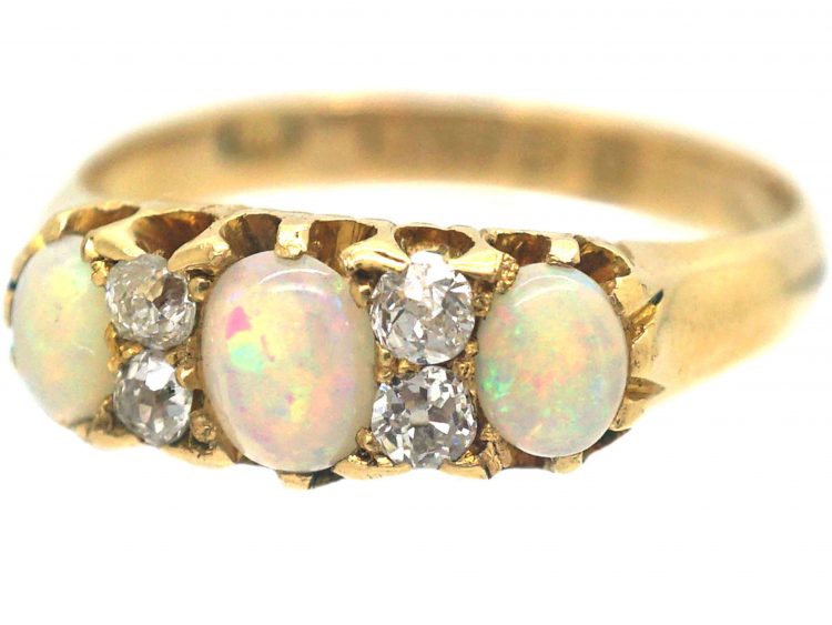 Victorian 18ct Gold, Three Stone Opal & Diamond Ring