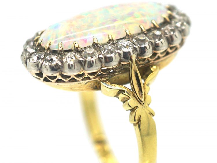 Edwardian 18ct Gold Large Opal & Diamond Oval Cluster Ring