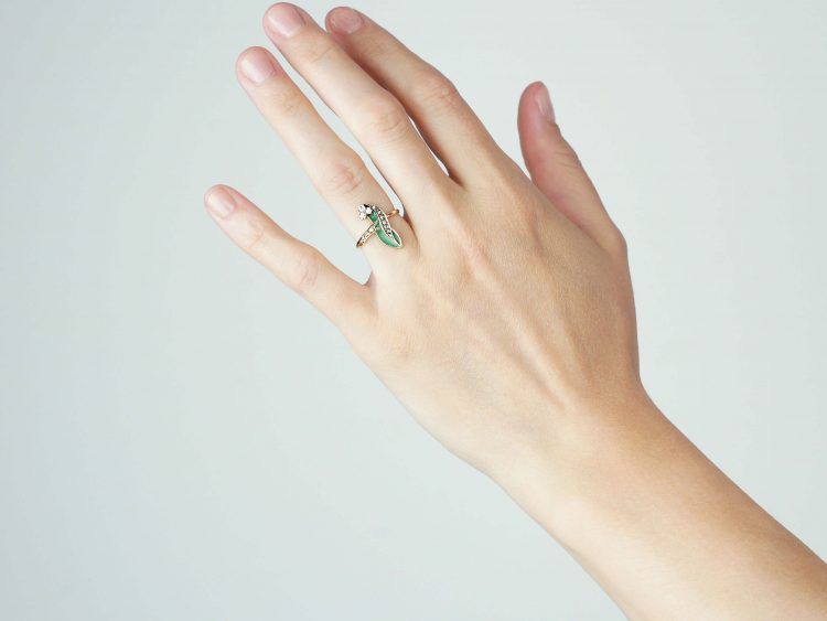 Art Nouveau 18ct Gold Lily of the Valley Ring with Plique a Jour Enamel & Diamonds