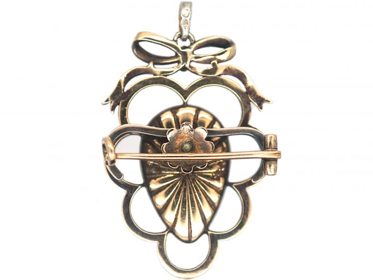 Victorian Silver & 18ct Gold, Cabochon Garnet & Rose Diamond heart Shaped Pendant with Bow Top