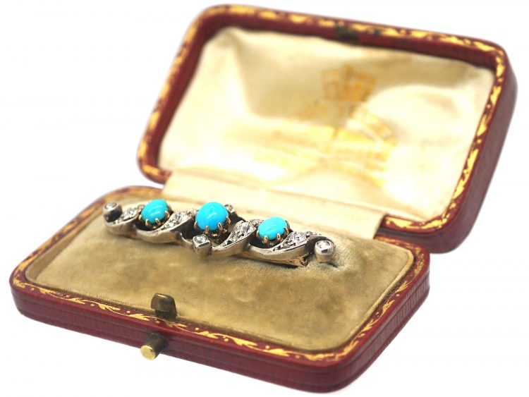 Victorian Turquoise & Diamond Brooch in Original Henry Tessier Case