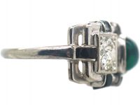 Art Deco 14ct White Gold, Cabochon Emerald , Onyx & Diamond Geometric Ring